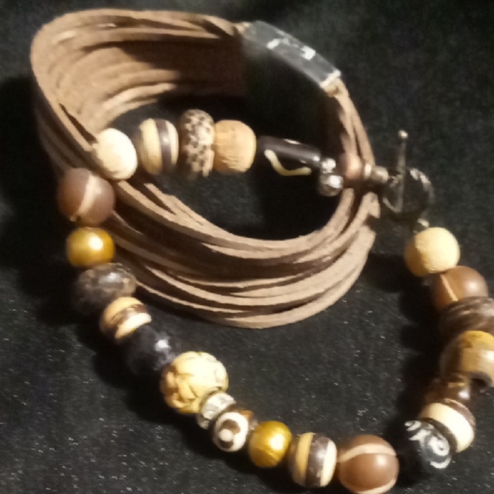 Brown boho wooden & bone Bead & a brown leather strand magnetic clasp bracelet